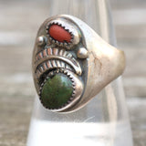 Vintage Sterling Turquoise and Coral Feather Ring 9.5