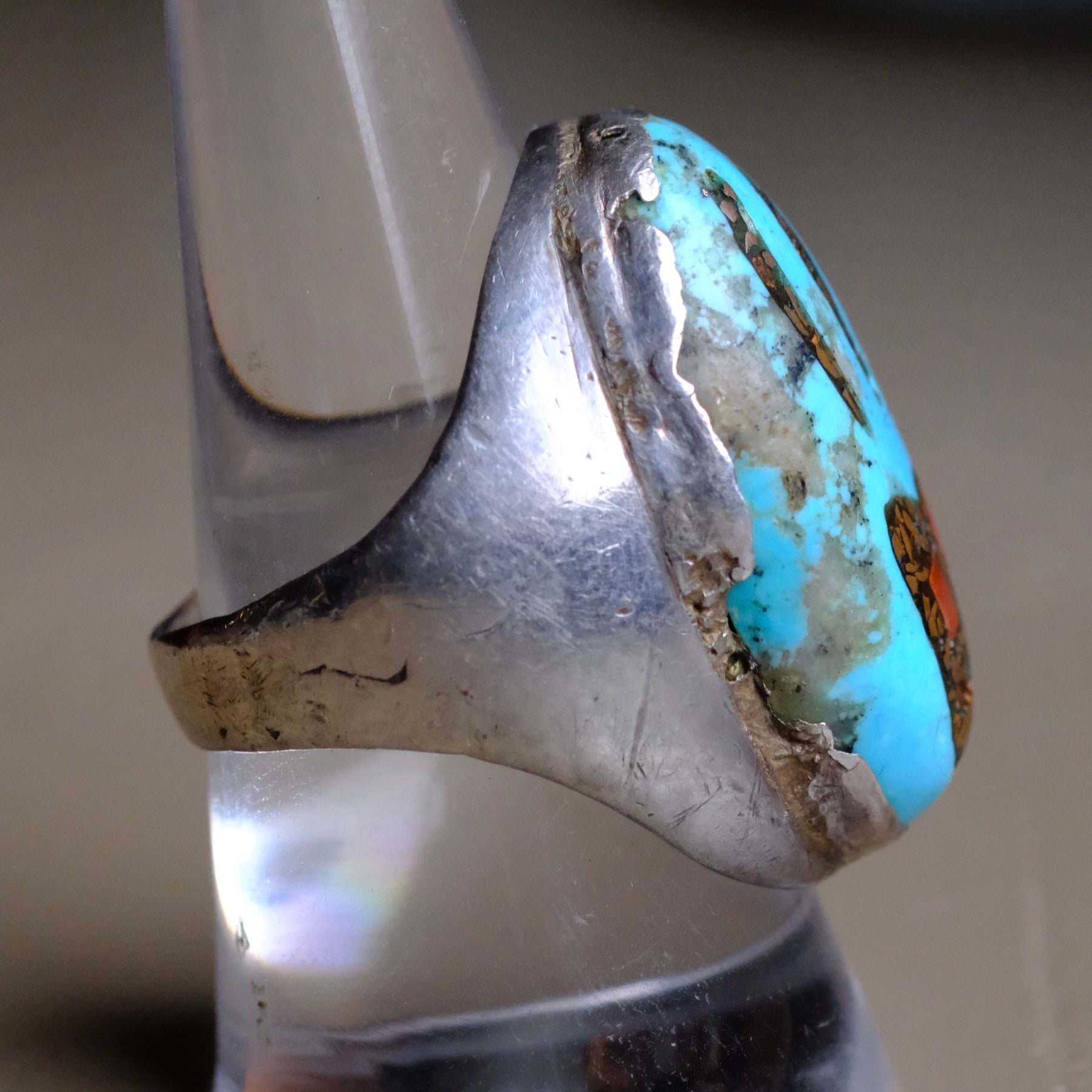 Vintage Sterling Turquoise Inlay Bear Paw Ring 9