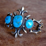 HEAVY Vintage Sterling Blue Gem Turquoise Sandcast Cuff