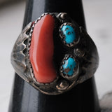 Vintage Sterling Turquoise and Coral Ribbed Band Ring 11