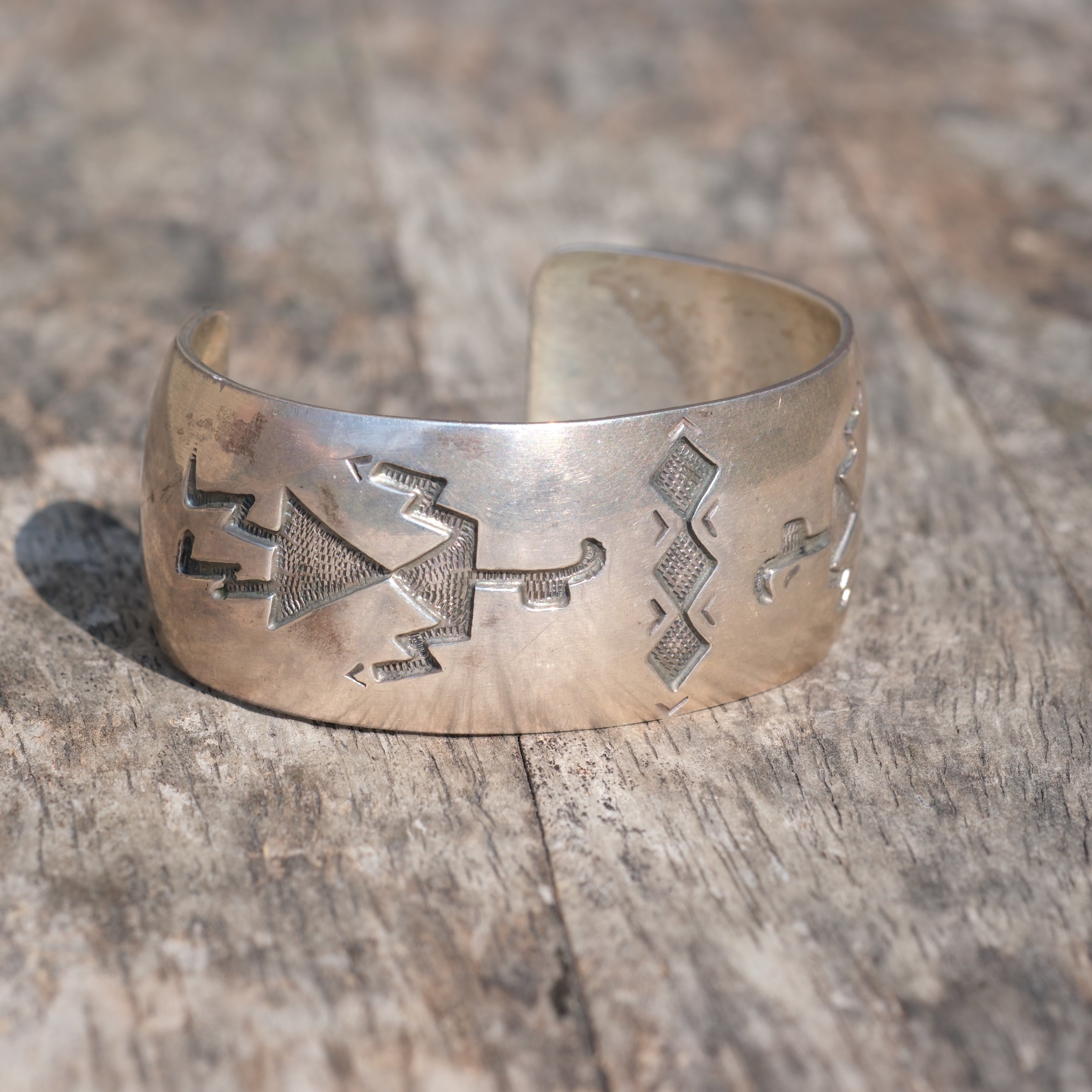 Vintage Sterling Silver Yei Etched M. Thomas Navajo Cuff