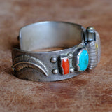 Vintage Sterling Turquoise and Coral Watch Cuff Bracelet