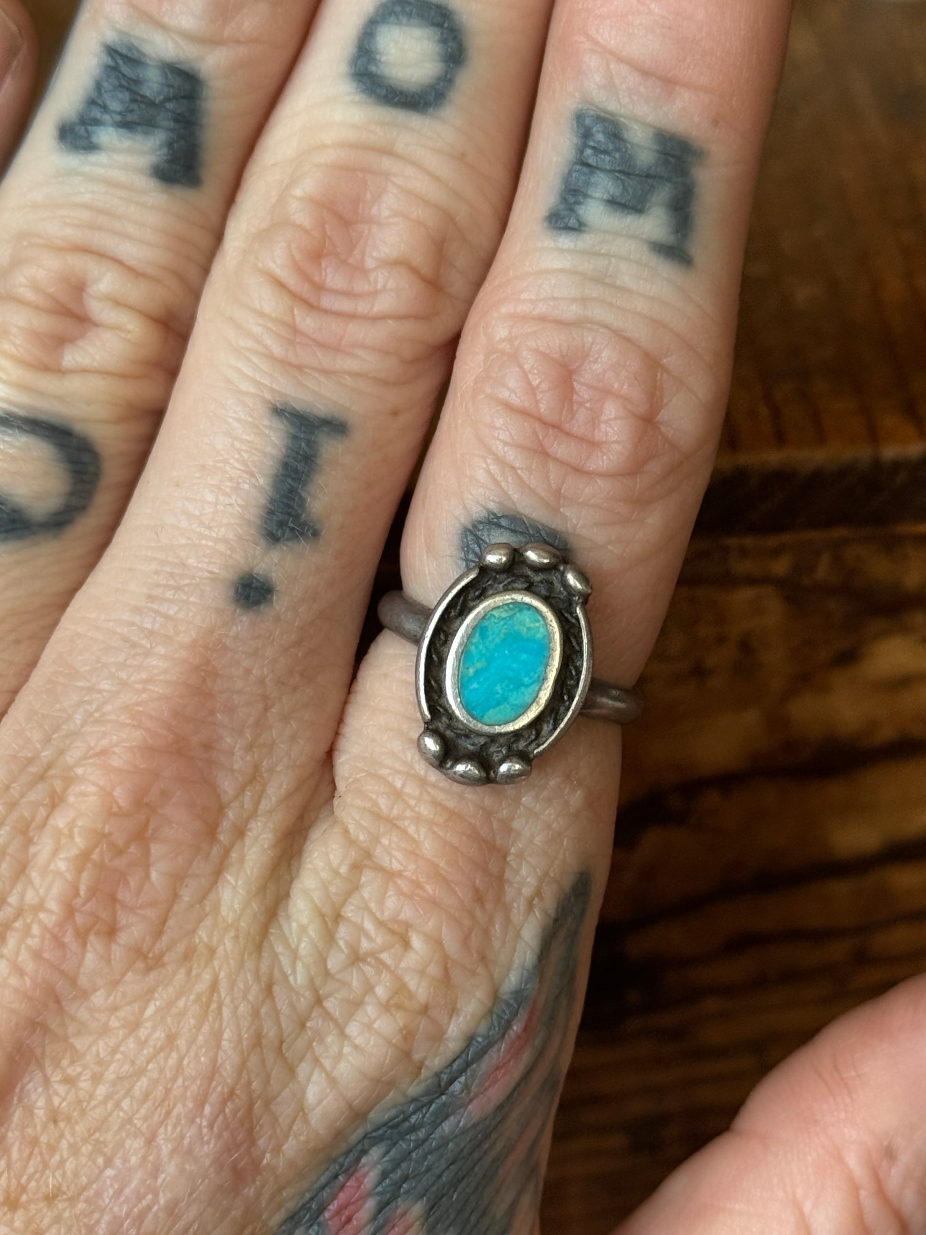 Vintage Sterling Silver Turquoise Inlay Frame Ring 5