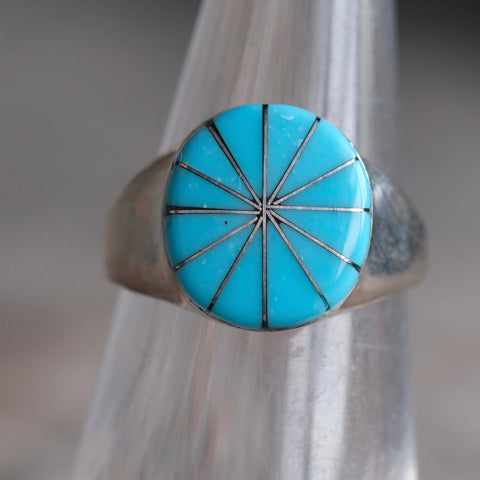 Vintage Sterling Turquoise Inlay Pinwheel Ring 5.5