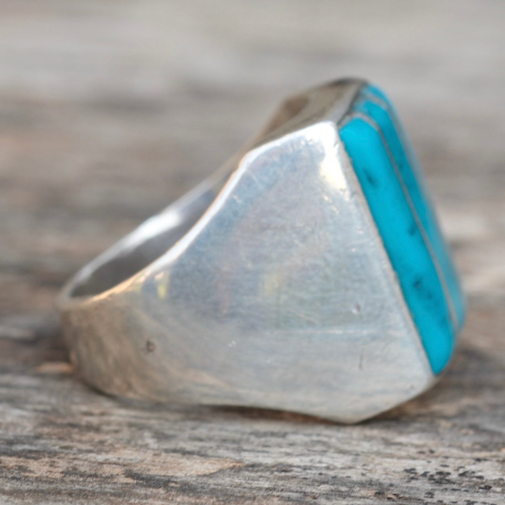 Vintage Sterling Turquoise Inlay Striper Ring 9.75