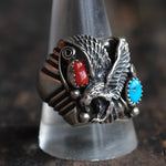 Vintage Sterling Turquoise and Coral Eagle Ring 11.75