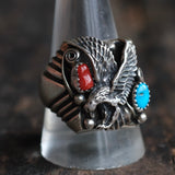 Vintage Sterling Turquoise and Coral Eagle Ring 11.75