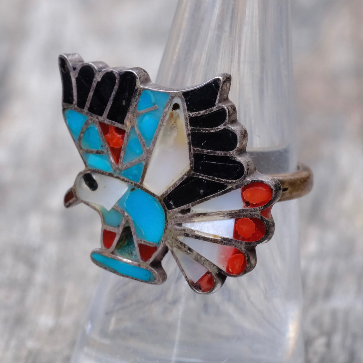 Vintage Sterling Multi Stone Inlay Eagle Ring 6.75