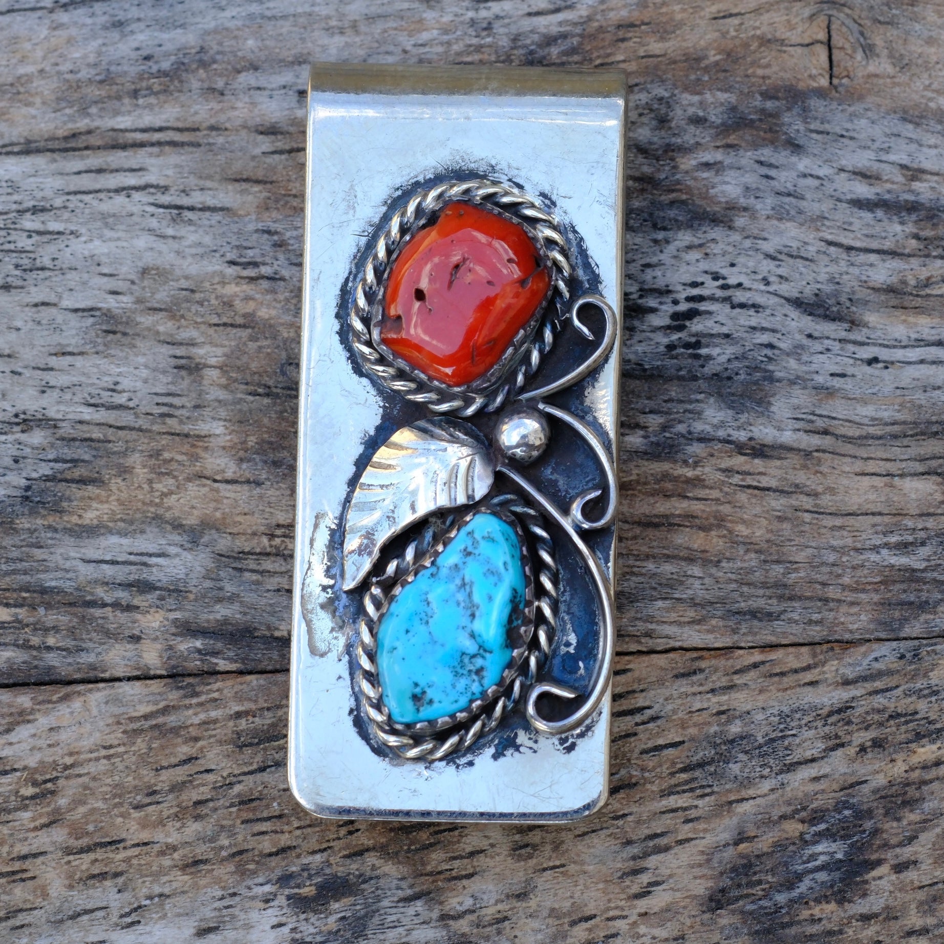Vintage Turquoise and Coral Feather Money Clip