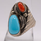 Vintage Sterling Turquoise and Coral Feather Ring 9.75