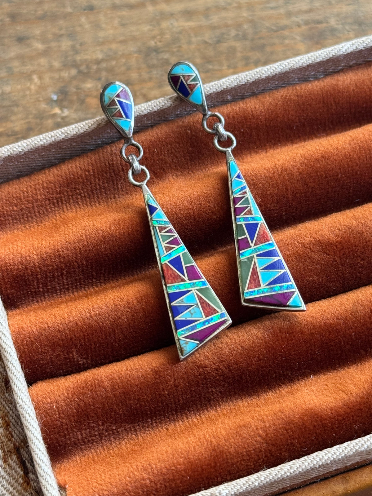 Vintage Sterling Silver Multistone Inlay Earrings