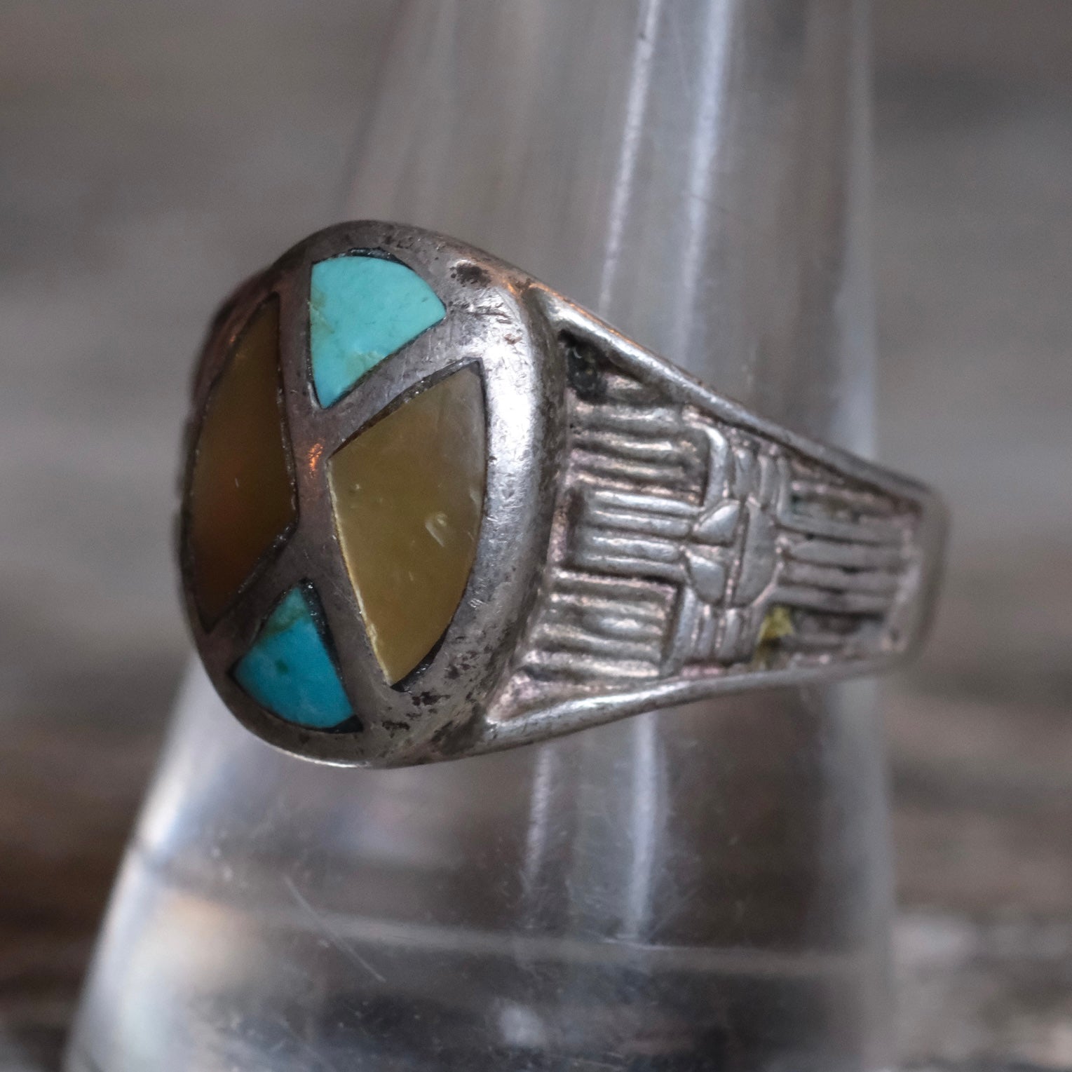 Vintage Sterling Turquoise and Mother Of Pearl Thunderbird Ring 10.25