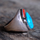 Vintage Sterling Turquoise and Coral Ring 10.5