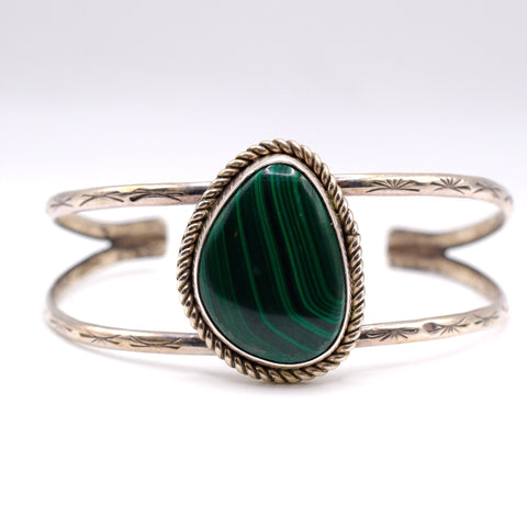 Vintage Sterling Malachite Roper Cuff Bracelet 6.75"