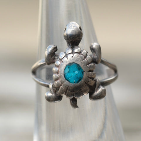 Vintage Sterling Turquoise Turtle Ring 4.75