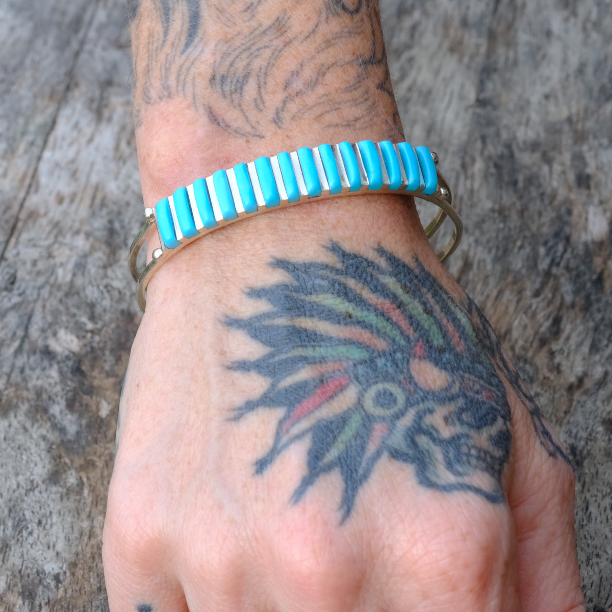 Vintage Sterling Silver Turquoise Inlay Cuff Bracelet