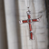 Vintage Sterling 7-Stone Coral Cross Necklace