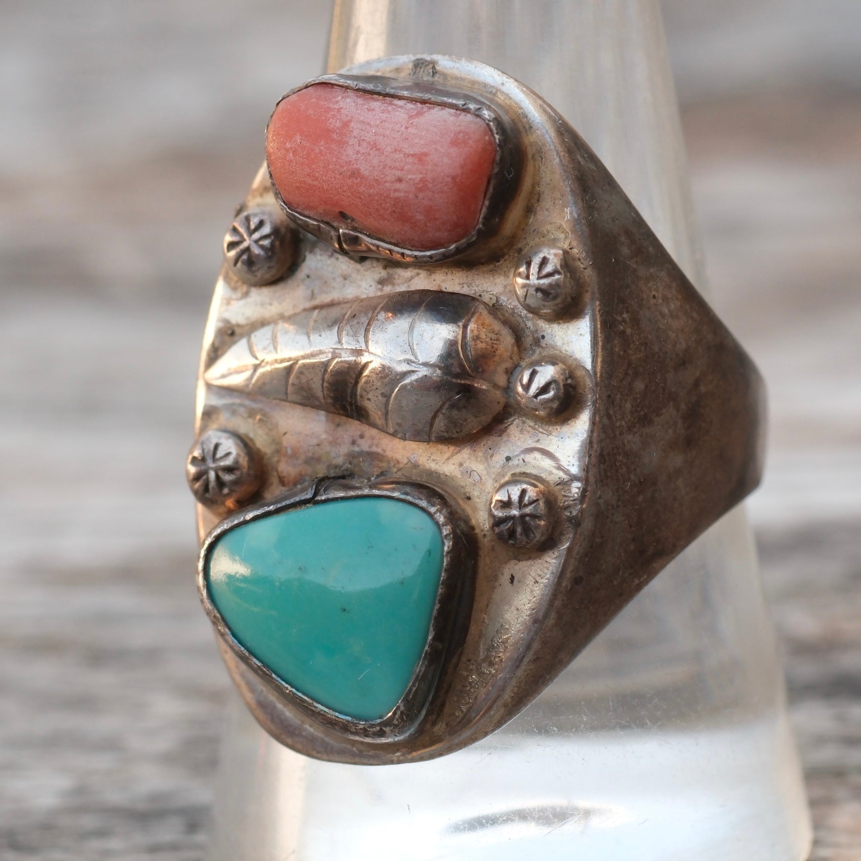 Vintage Sterling Turquoise and Coral Ring 10