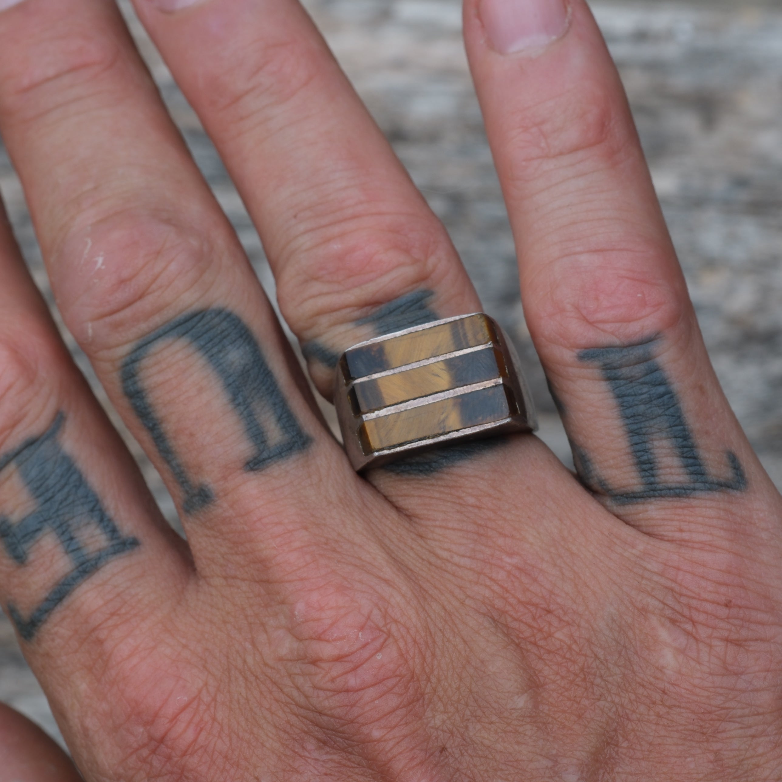 Vintage Sterling Tigers Eye Inlay Striper Ring 9