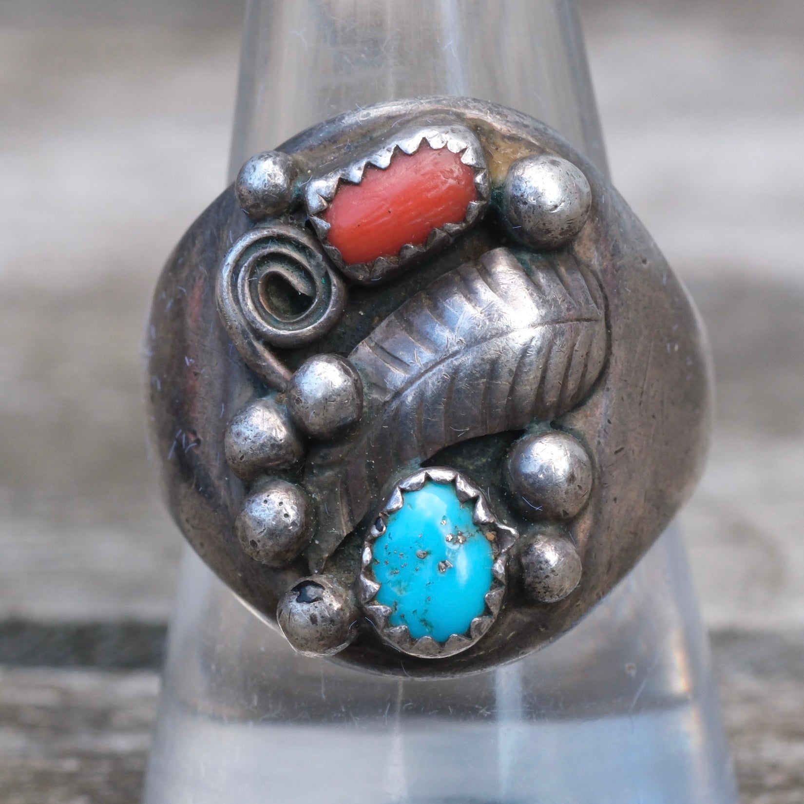 Vintage Sterling Turquoise and Coral Feather Ring 10.25