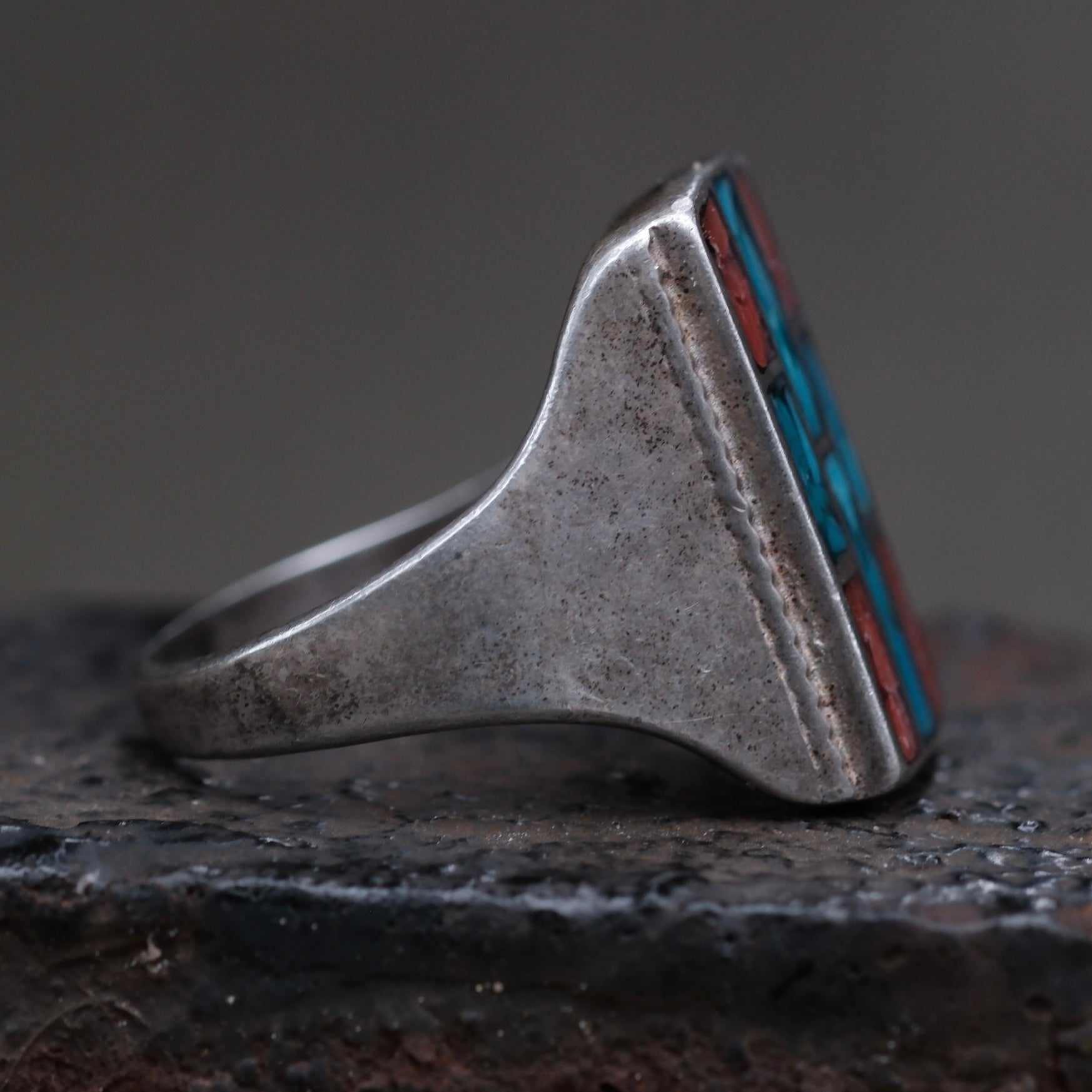Vintage Sterling turquoise and Coral Inlay Ring 9.75