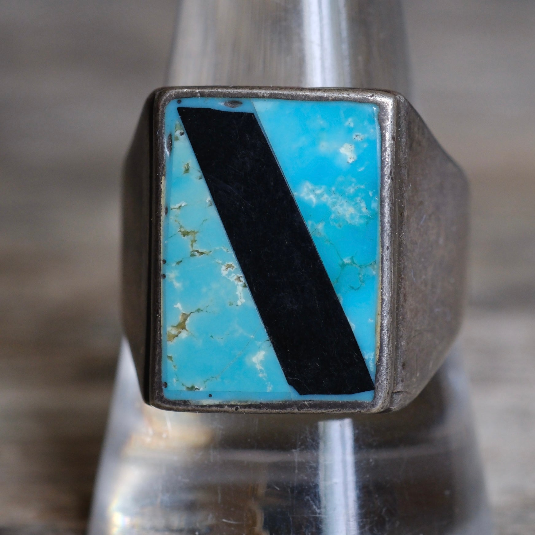 Vintage Sterling Turquoise and Onyx Inlay Ring 10.25