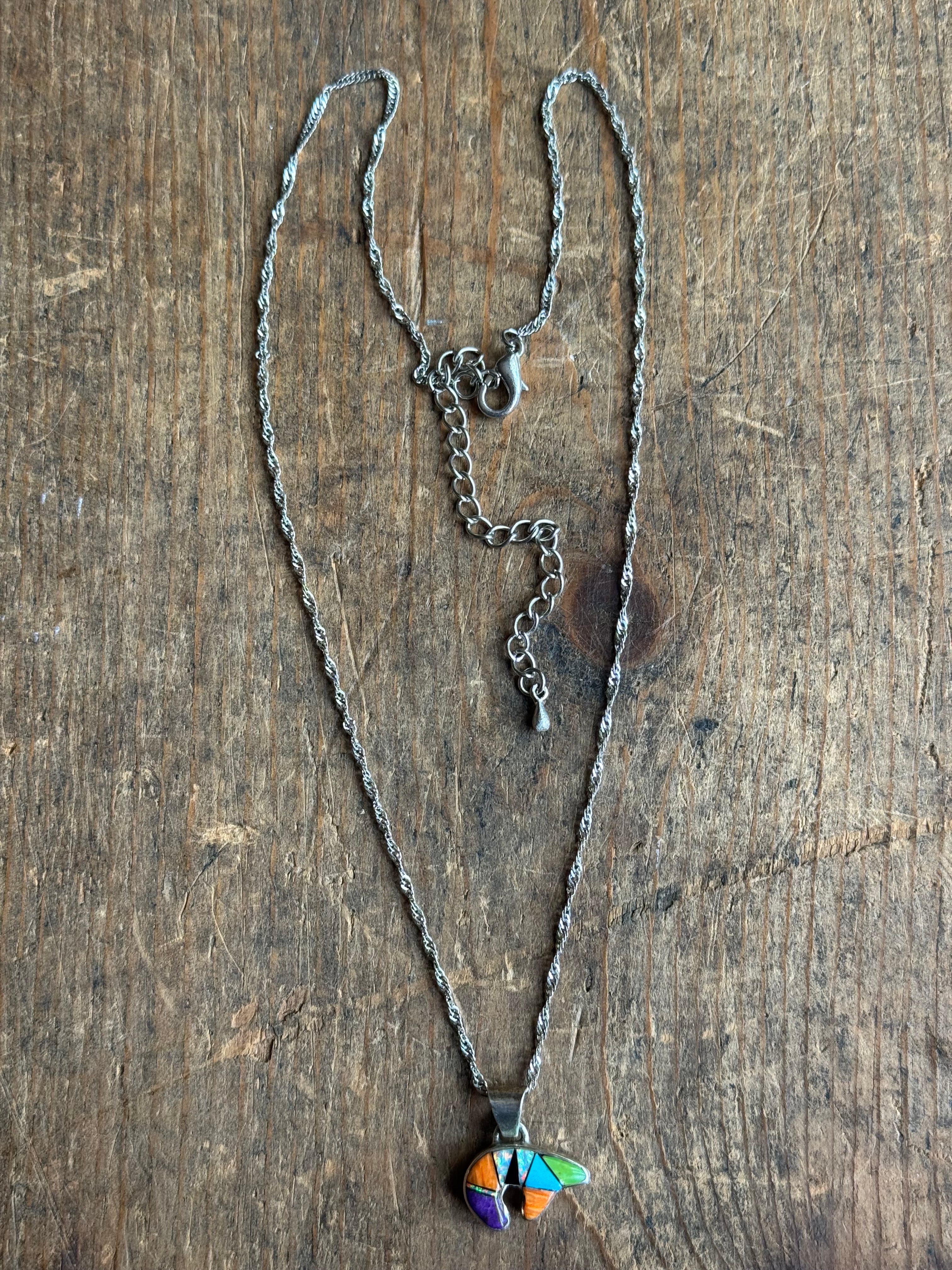 Vintage Sterling Silver Multistone Inlay Bear Necklace
