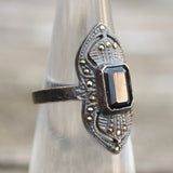 Vintage Sterling Onyx Marcasite Cocktail Ring 5.25