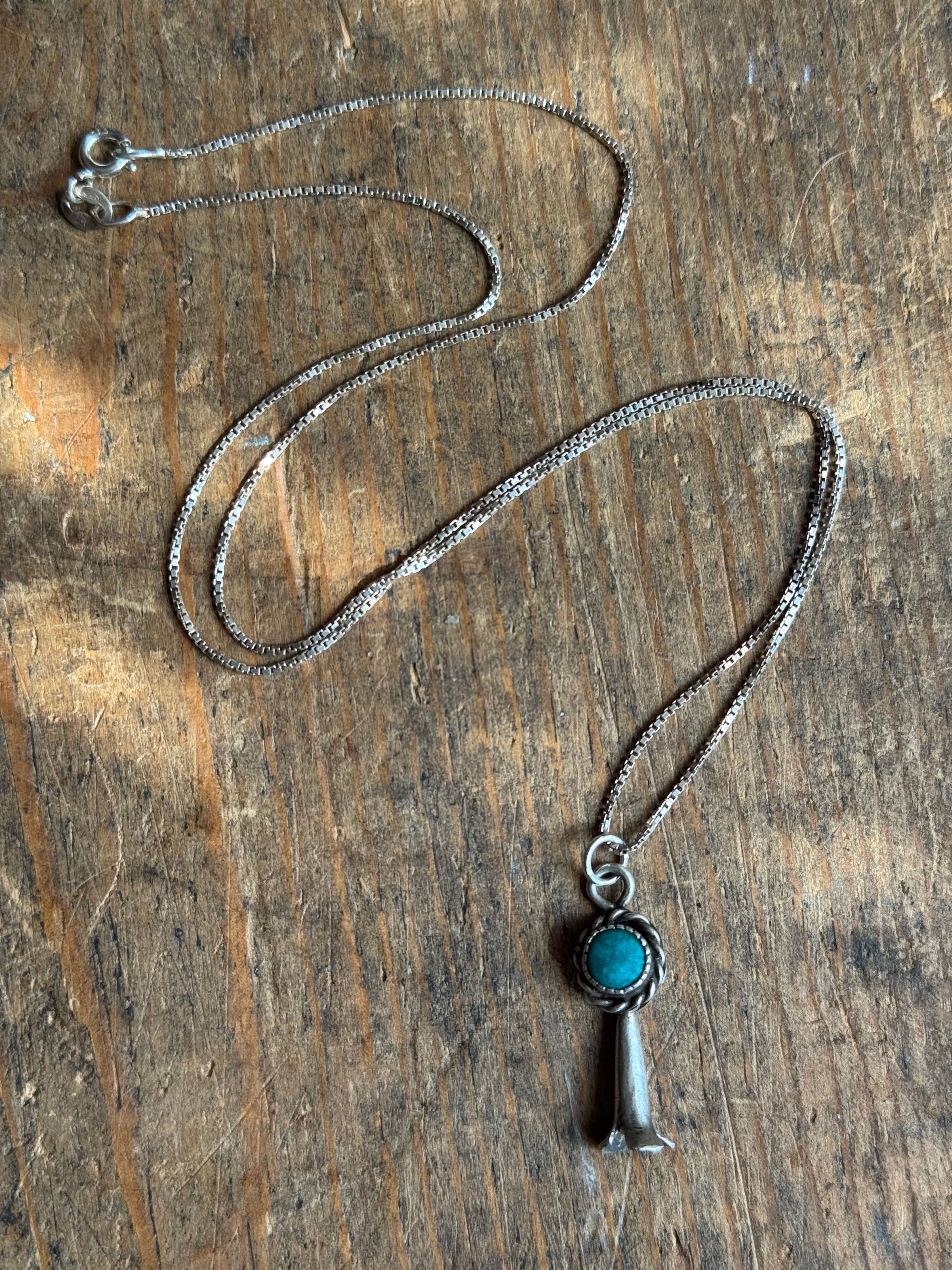 Vintage Sterling Silver Turquoise Squash Bell 18" Necklace