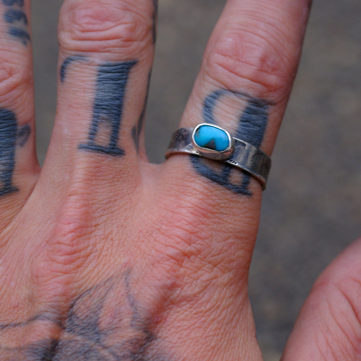 Sterling Silver Lone Mountain Turquoise Stamped Band Ring 10.25