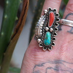 Vintage Sterling Turquoise and Coral Feather Ring 7.75