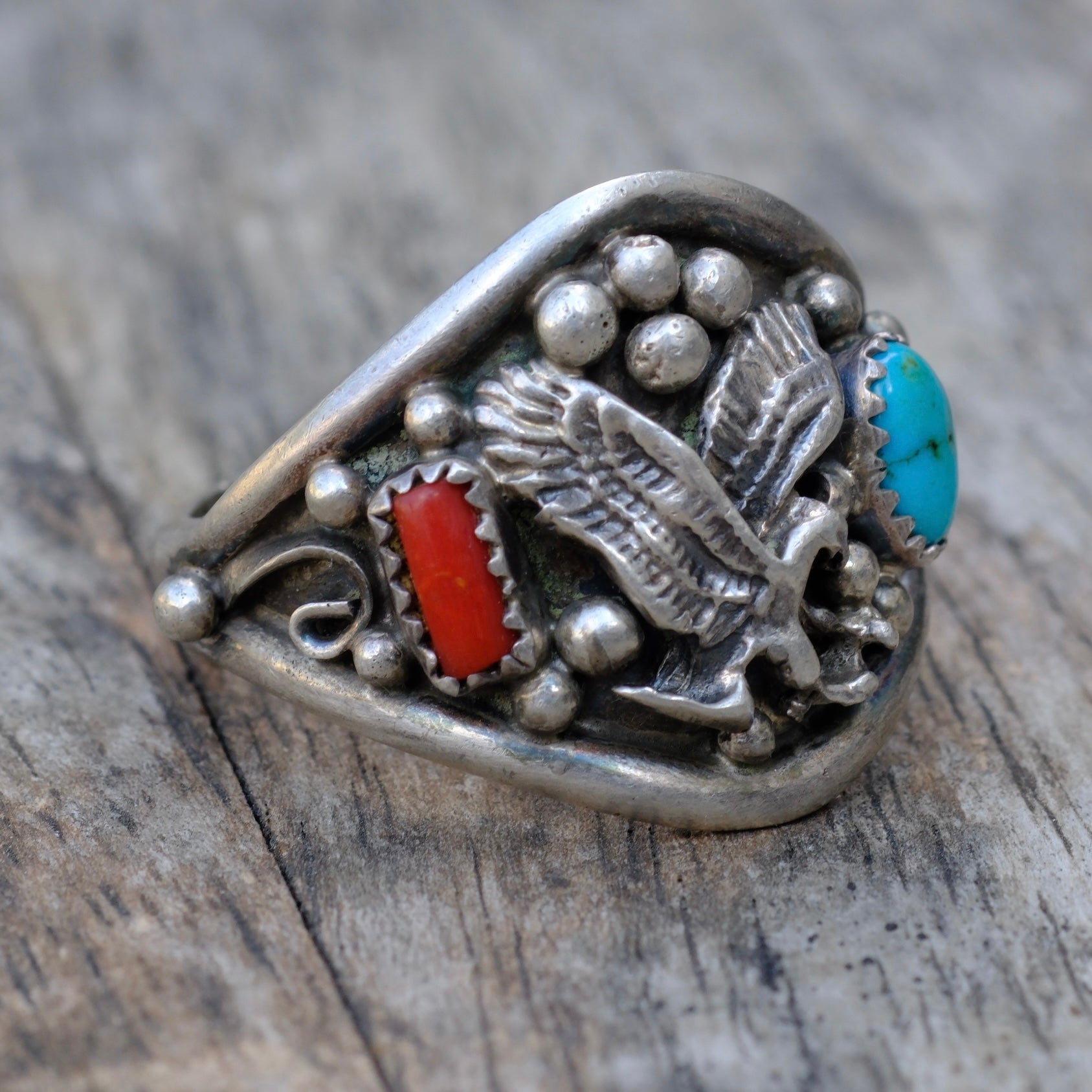 Vintage Sterling Turquoise and Coral Eagle Ring 14.5