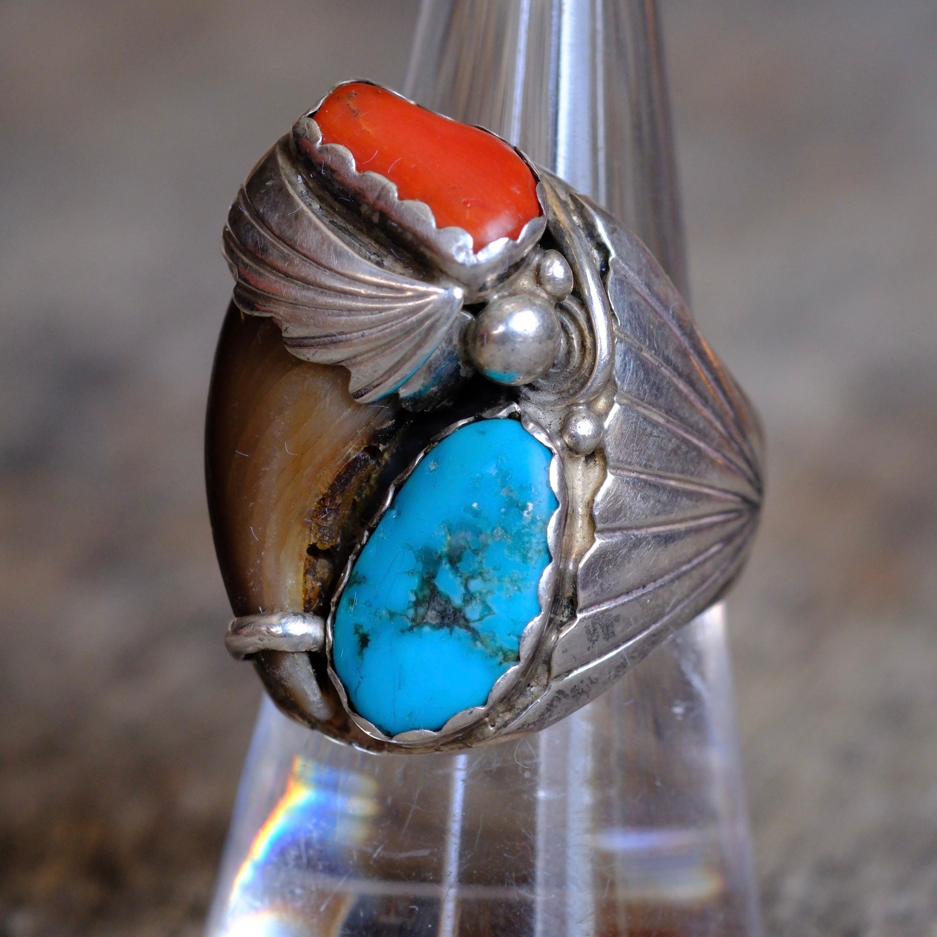 Vintage Sterling Turquoise and Coral Claw Ring 8.25