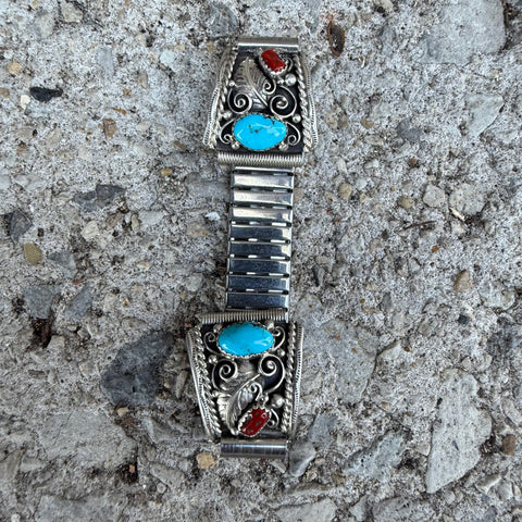 Vintage Sterling Turquoise and Coral Watch Band