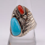 Vintage Sterling Turquoise and Coral Feather Ring 10