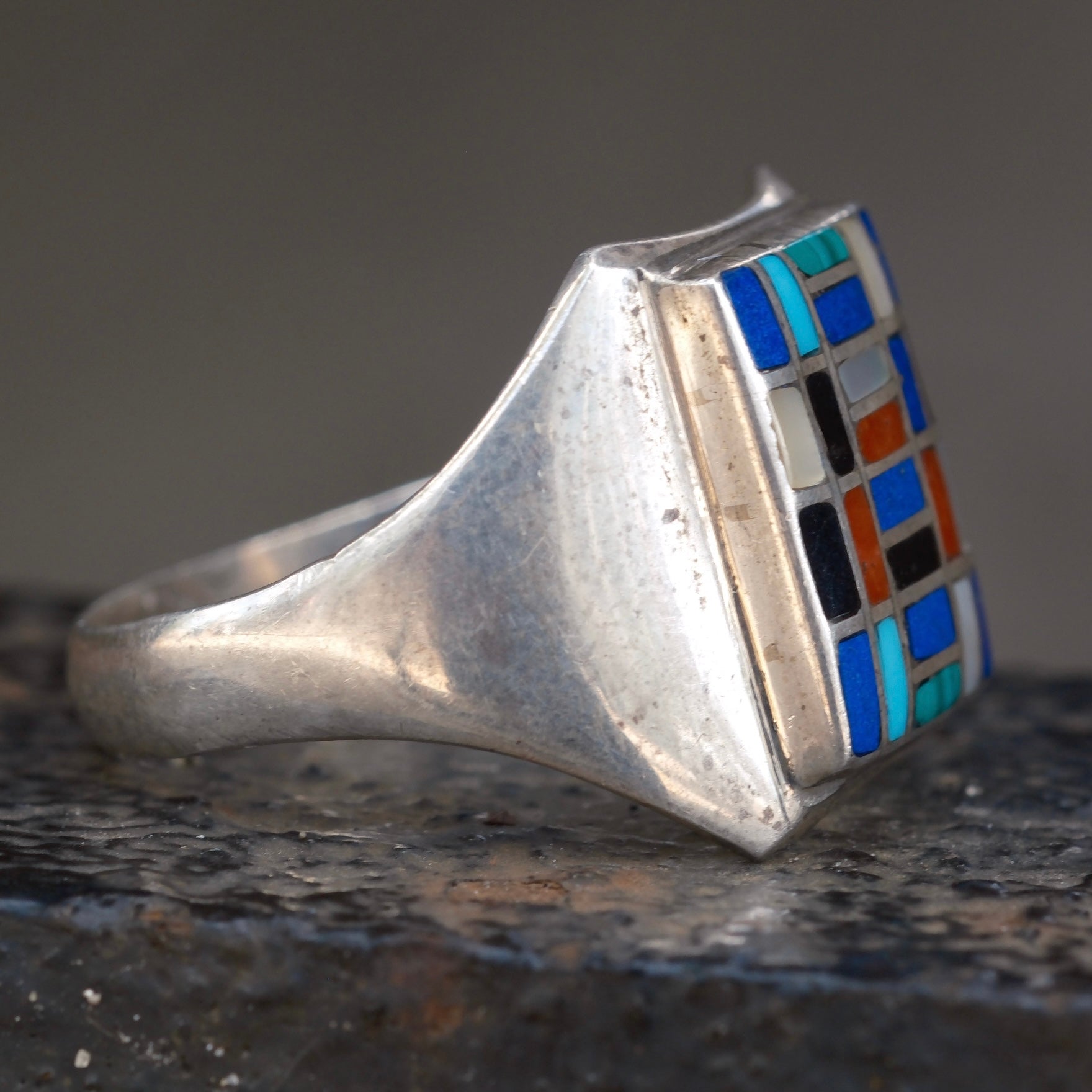 Vintage Sterling Mulstione Inlay Panel Ring 12.25