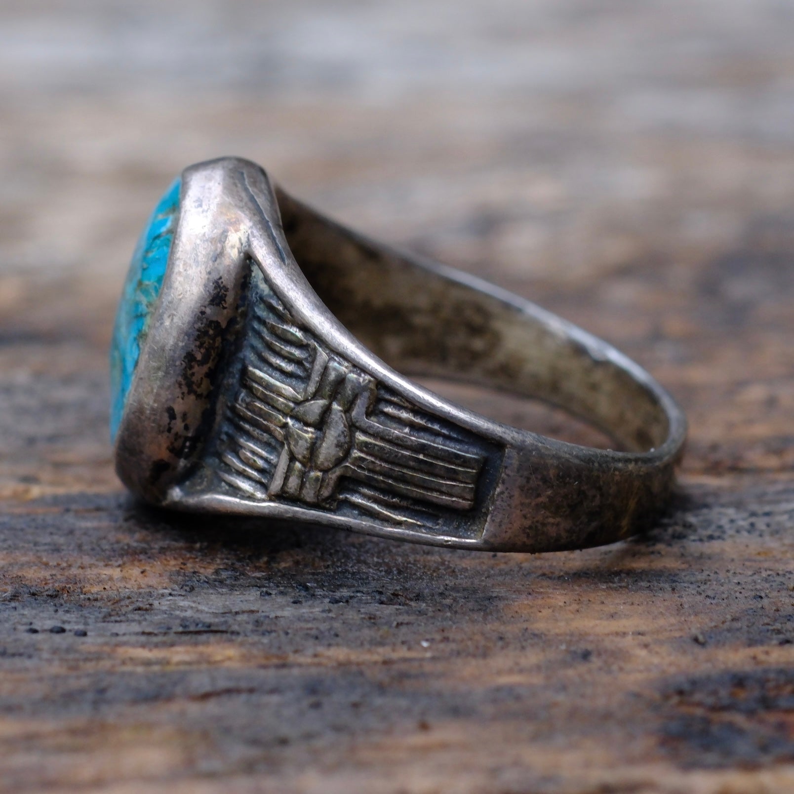 Vintage Sterling Turquoise Thunderbird and Zia Ring 9.75