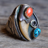 Vintage Sterling Turquoise and Coral Claw Ring 11.75
