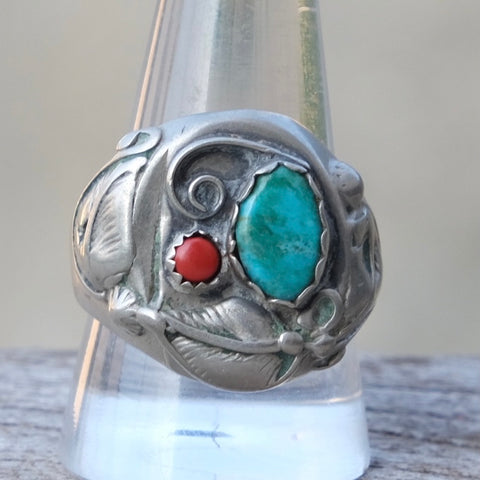 Vintage Sterling Turquoise and Coral Feather Ring 10.75