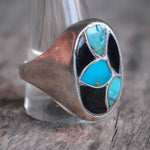 Vintage Sterling Turquoise and Onyx Inlay Ring 13.75