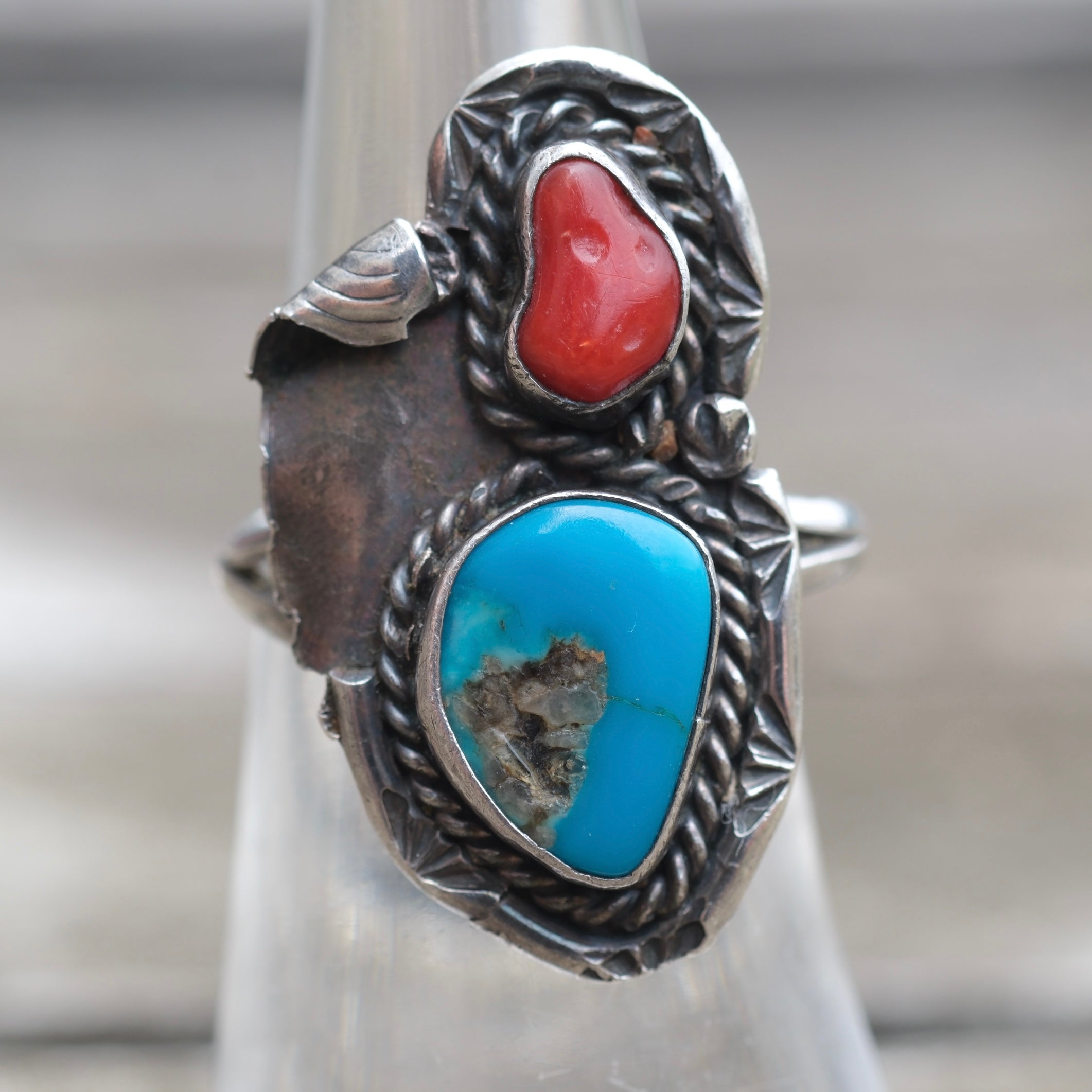 Vintage Sterling Turquoise and Coral Ring 5.75