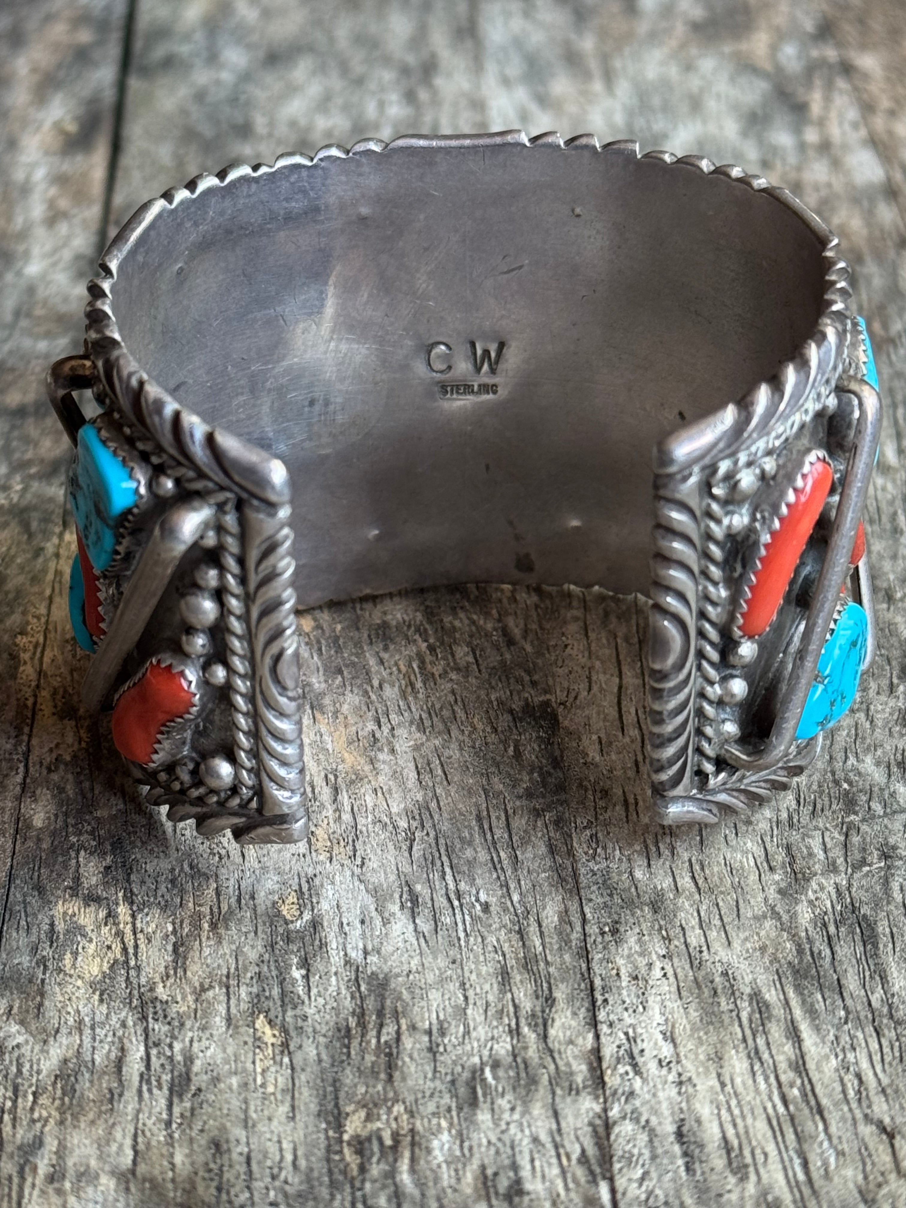 Vintage Sterling Silver Heavy Turquoise & Coral Roped Bar Cuff