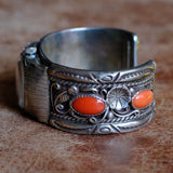 Vintage Sterling Coral Watch Cuff Bracelet