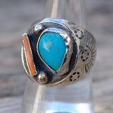 Vintage Sterling Turquoise and Coral Stamped Band Ring 9.25