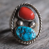 Vintage Sterling Turquoise and Coral Ring 11