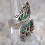 Vintage Sterling Turquoise and Coral Inlay Overpass Ring 7.5