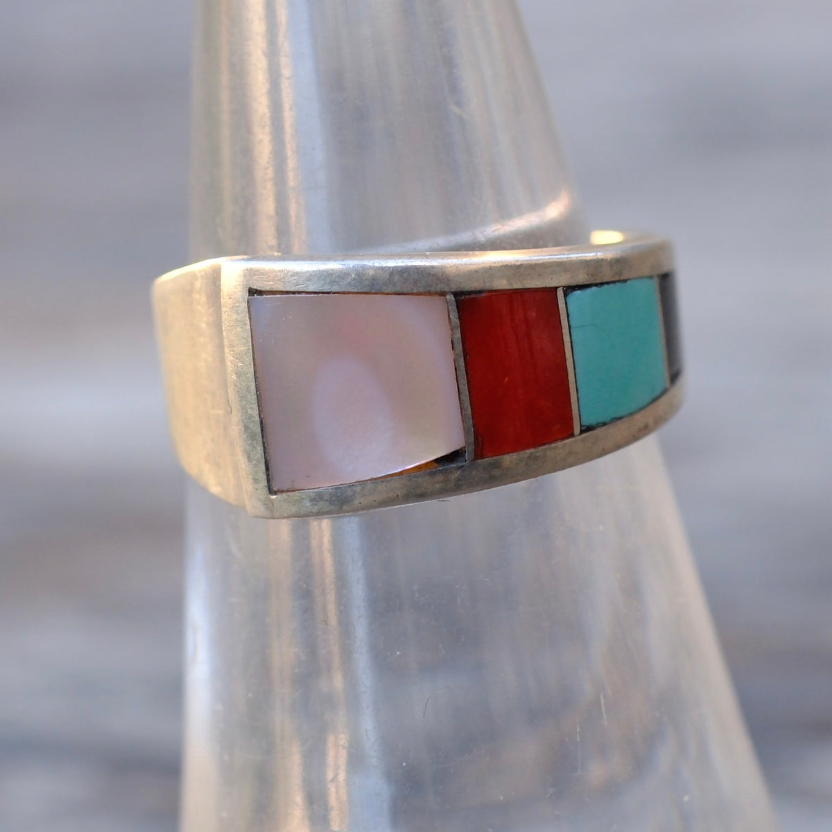 Vintage Sterling Multistone Inlay Band Ring 6
