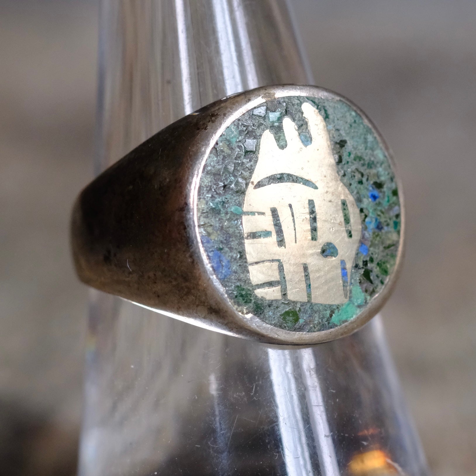 Vintage Sterling Turquoise Inlay Taxco Ring 8.25