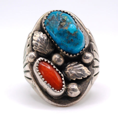 Vintage Sterling Turquoise and Coral Feather Ring 11.5
