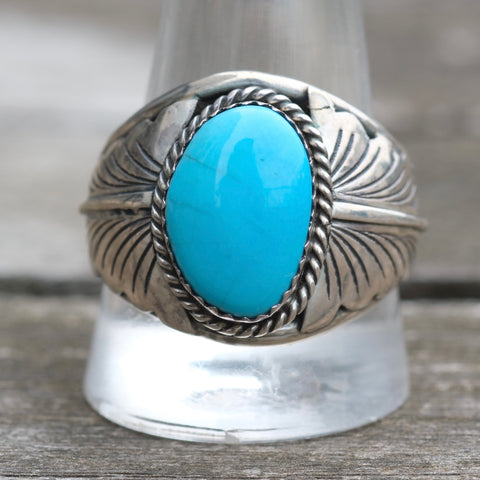 Vintage Sterling Turquoise Feather Ring 12.75